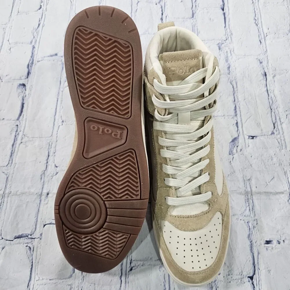 Polo Ralph Lauren MENS SZ 10.5 Court High Top Beige Suede Cow Leather Sneakers